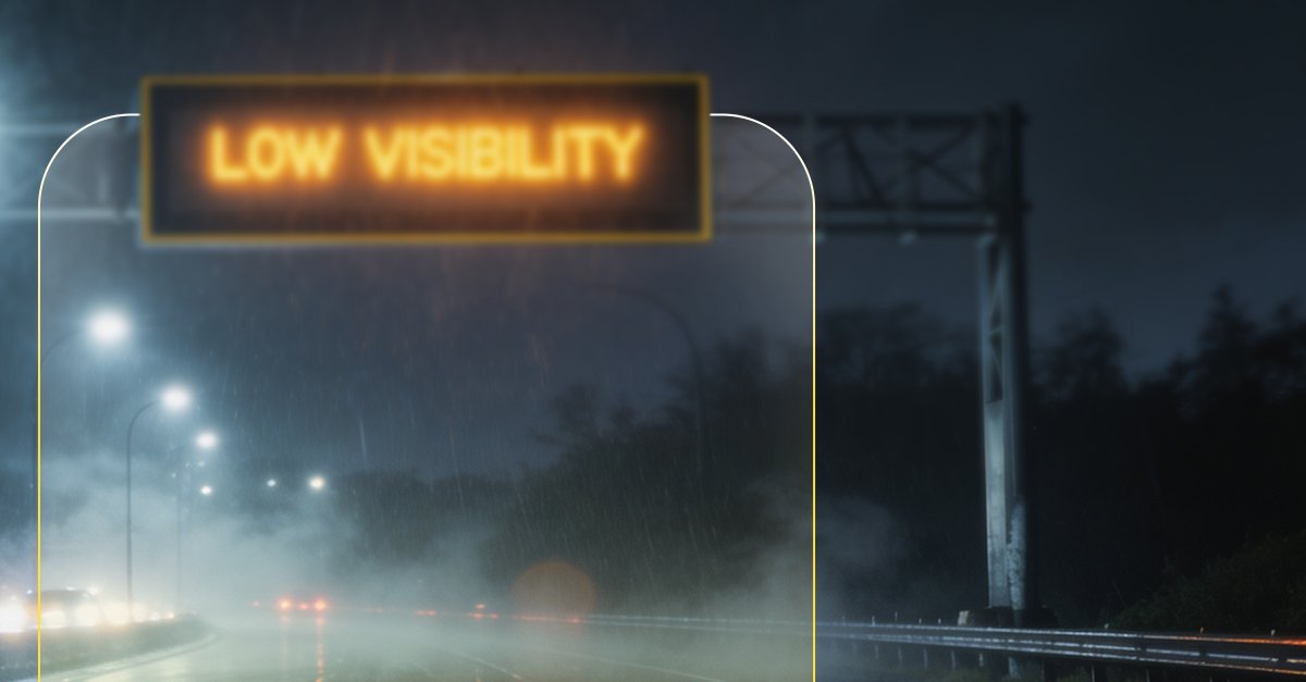 Low visibility highway warning sign in heavy rain at night