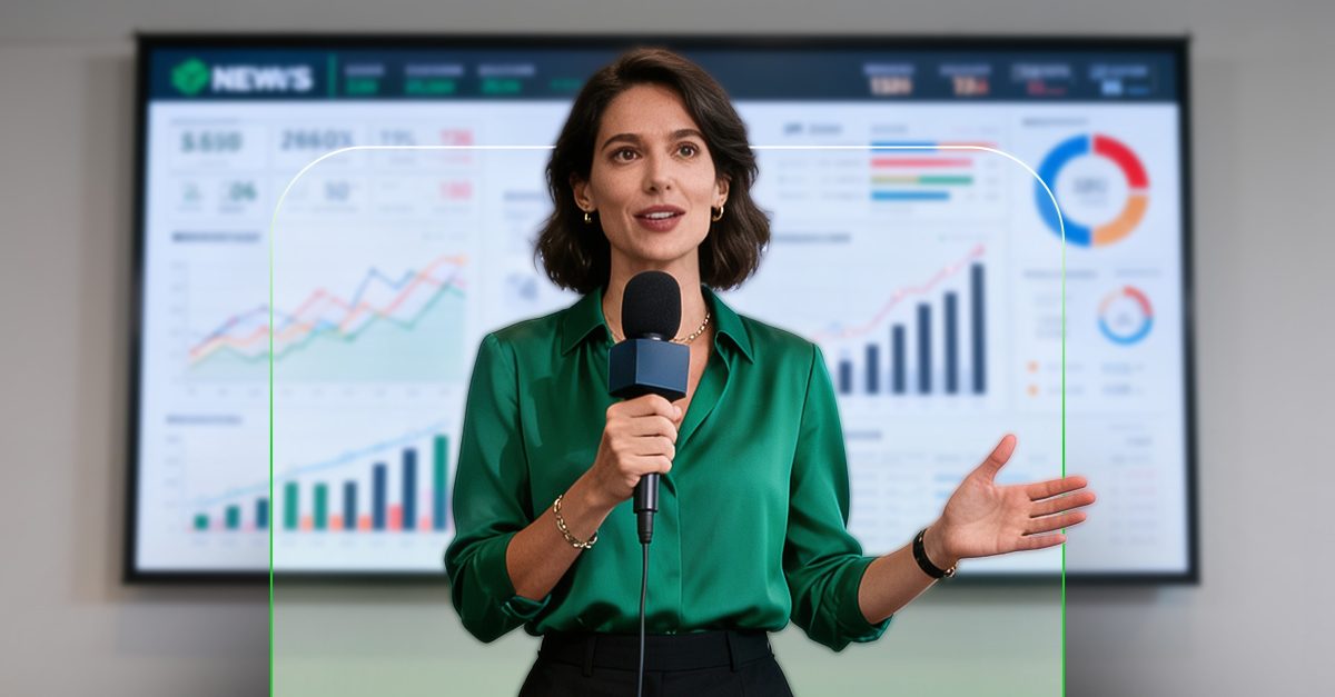Presenter speaking in front of a screen showing budget forecast charts